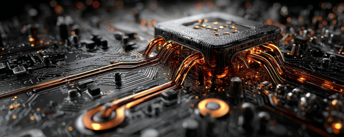 Close-up of a high-tech computer motherboard with glowing copper circuits and a central processing unit (CPU), showcasing advanced electronics and precision engineering.