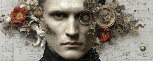 Steampunk-inspired artwork with detailed mechanical gears, cogs, and floral accents set against a background of technical schematics, phone case design.