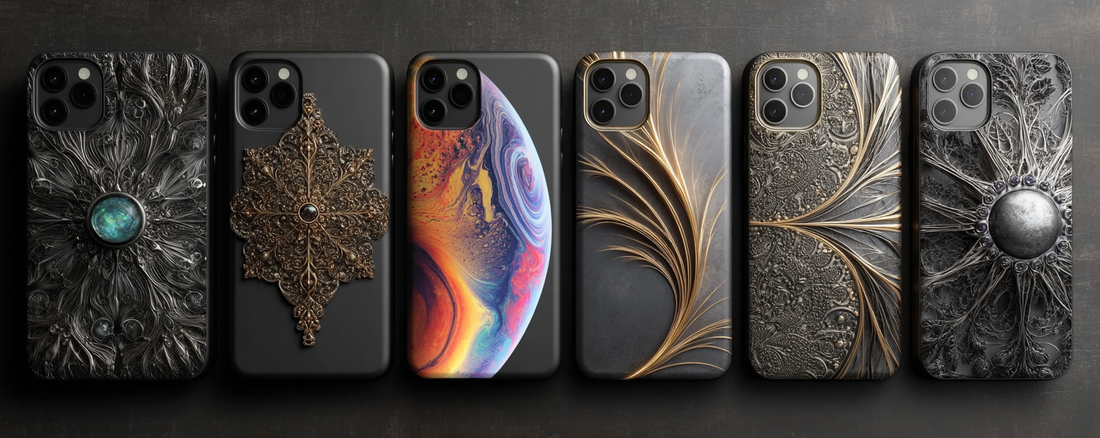 Luxurious iPhone cases featuring intricate engraved patterns, vibrant abstract art, gemstone embellishments, and metallic accents—premium phone accessories with unique artistic designs.