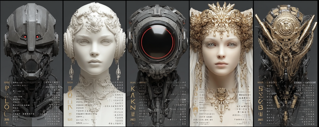 Five futuristic robotic heads with unique designs and materials, including metallic, ornate white, black with a large lens, gold with intricate decorations, and black-and-gold mechanical structures—high-tech AI and robotics innovation.