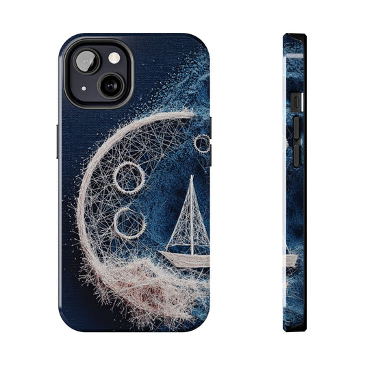 Sailboat & Moon Wireframe Phone Case – Nautical Night Voyage Design - Artistic Vision