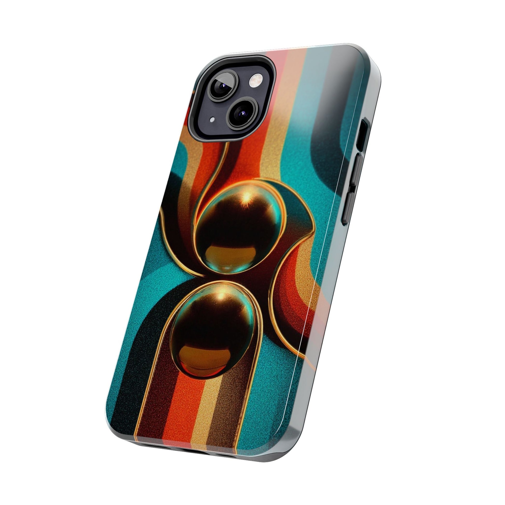 The phone case shows a funky geometric pattern reminiscent of 1970s abstract art.