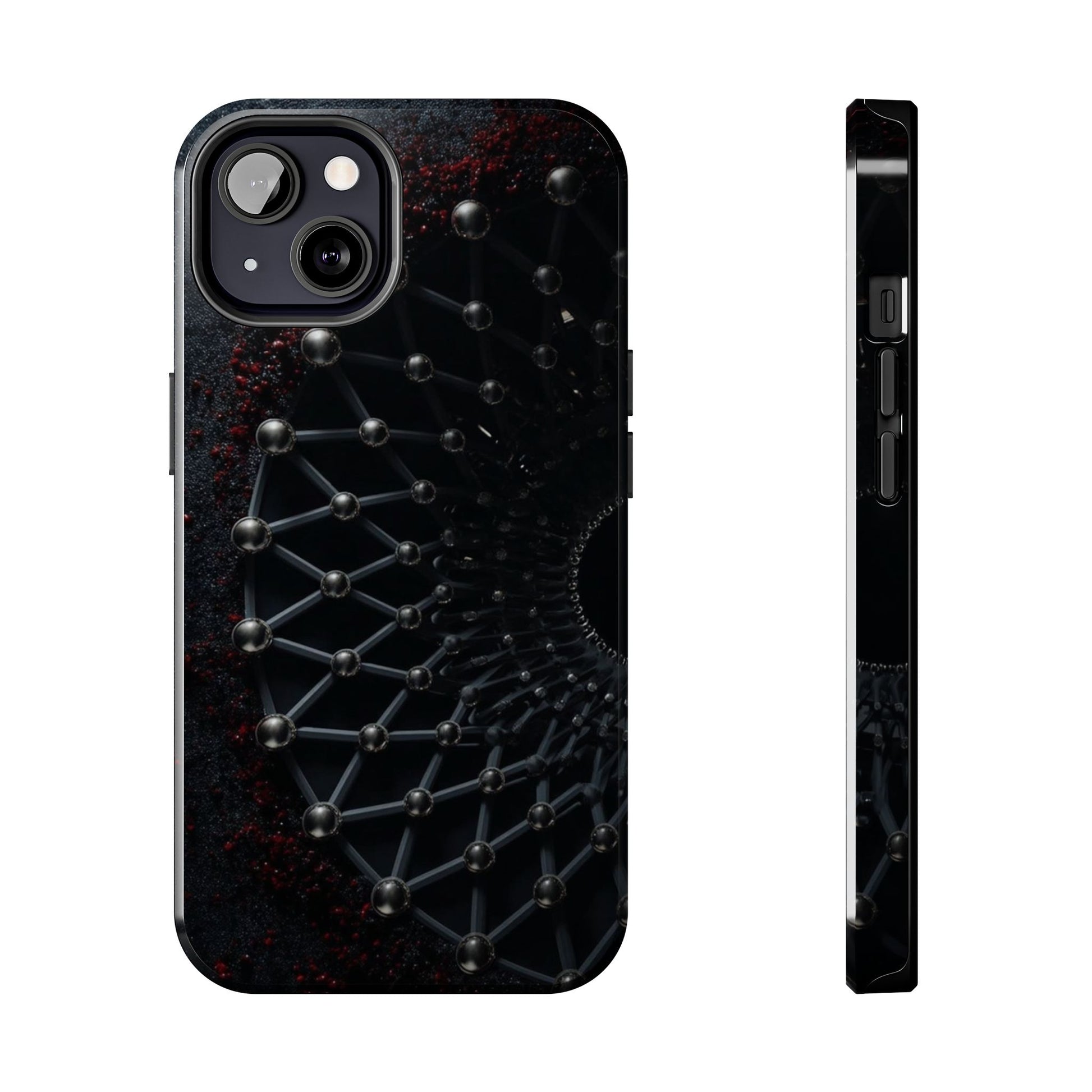 Obsidian Nexus Tough Phone Case – Black Geometric Web with Red Accents - Artistic Vision