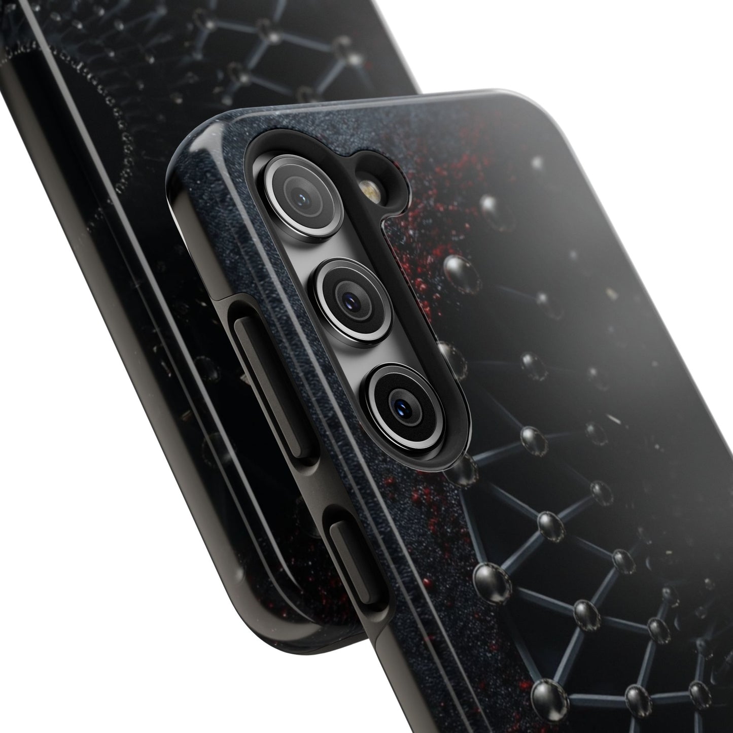 Obsidian Nexus Tough Phone Case – Black Geometric Web with Red Accents - Artistic Vision