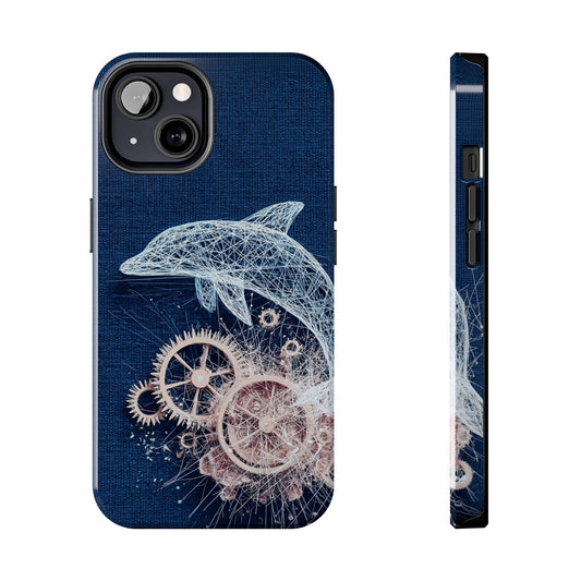 Dolphin and Gears Wireframe Phone Case – Nautical Steampunk Fusion Design - Artistic Vision