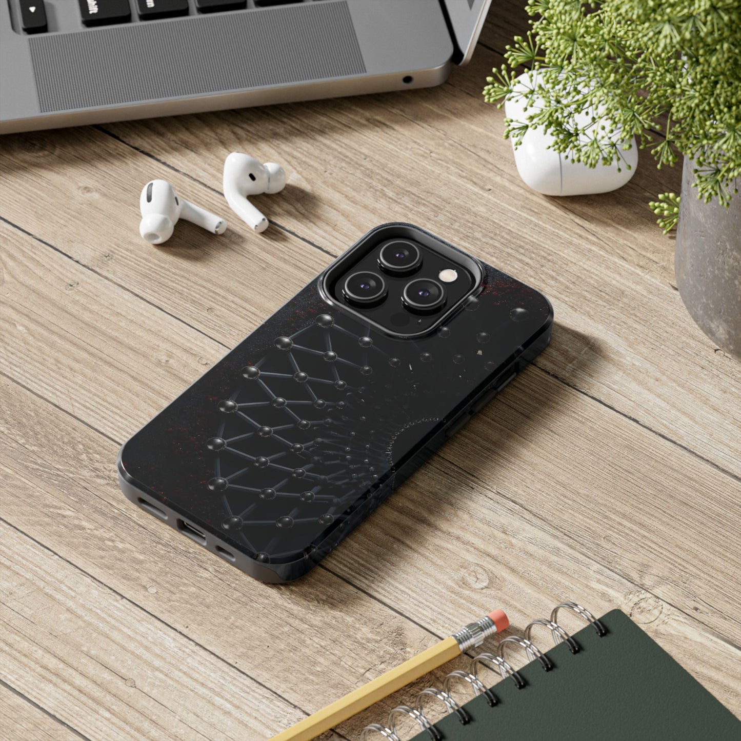 Obsidian Nexus Tough Phone Case – Black Geometric Web with Red Accents - Artistic Vision