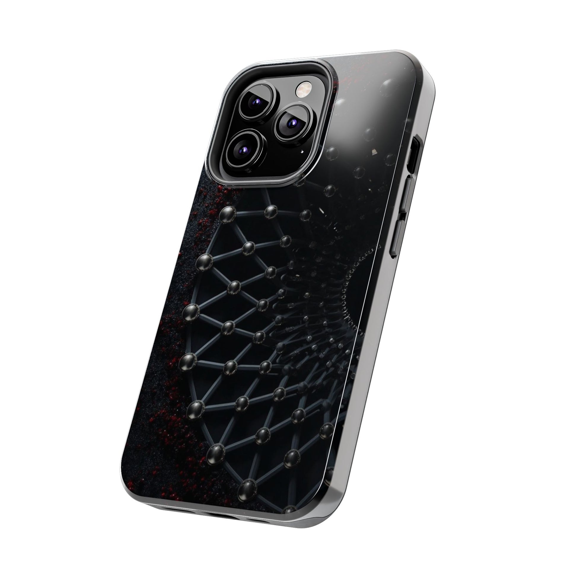 Obsidian Nexus Tough Phone Case – Black Geometric Web with Red Accents - Artistic Vision