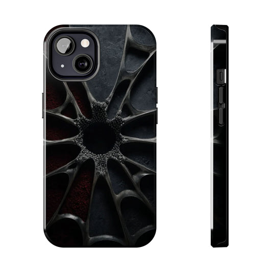 Iron Bloom Tough Phone Case – Black Metallic Flowerburst on Red Texture - Artistic Vision
