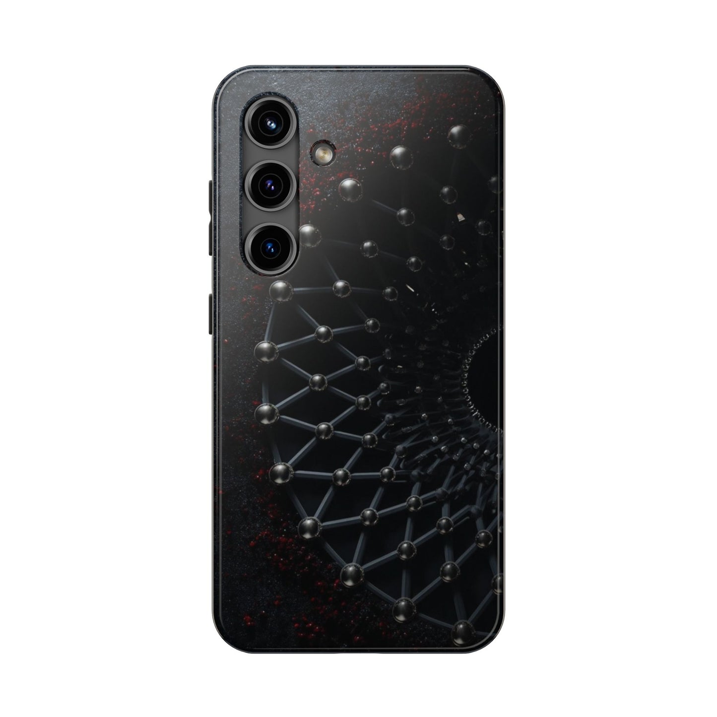 Obsidian Nexus Tough Phone Case – Black Geometric Web with Red Accents - Artistic Vision