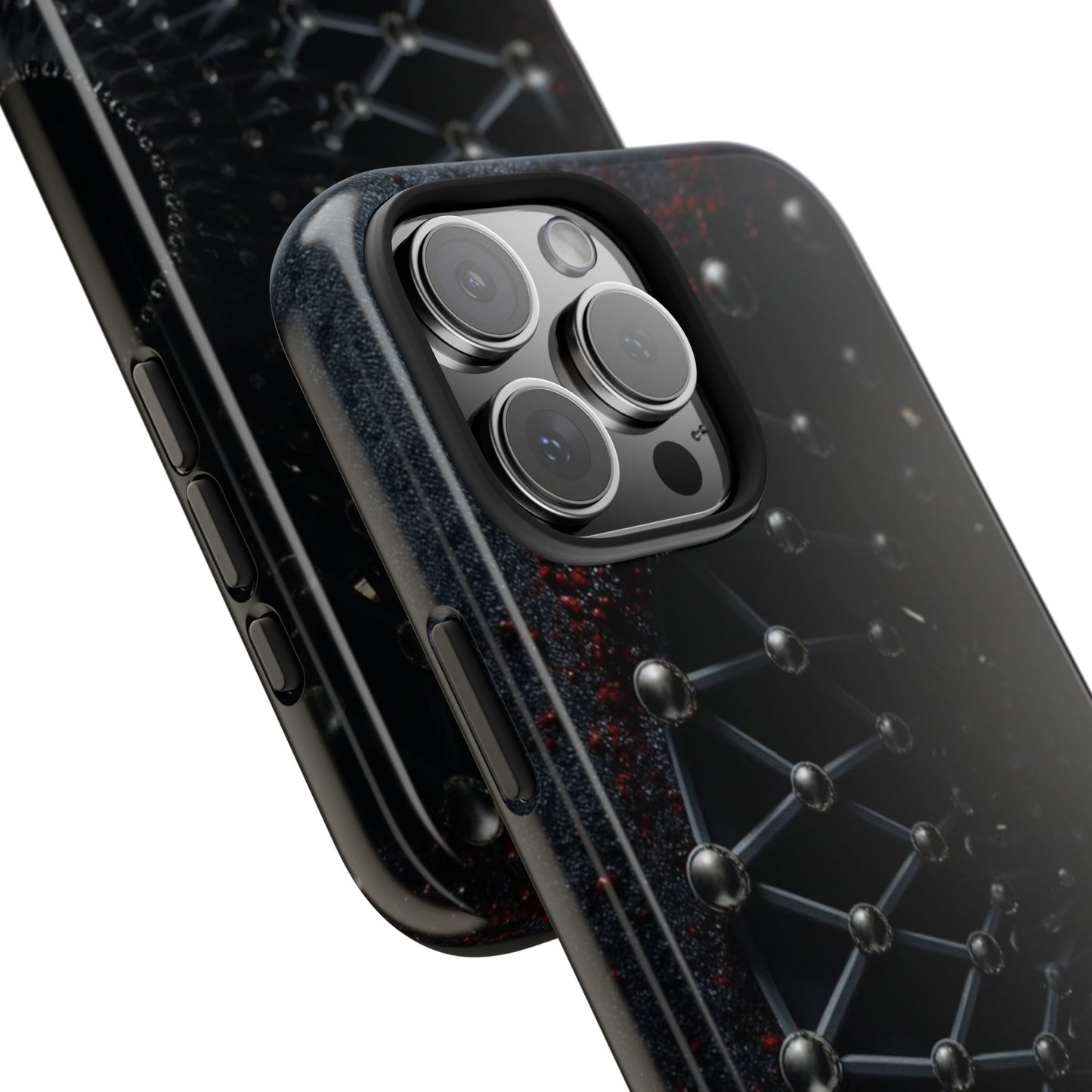 Obsidian Nexus Tough Phone Case – Black Geometric Web with Red Accents - Artistic Vision