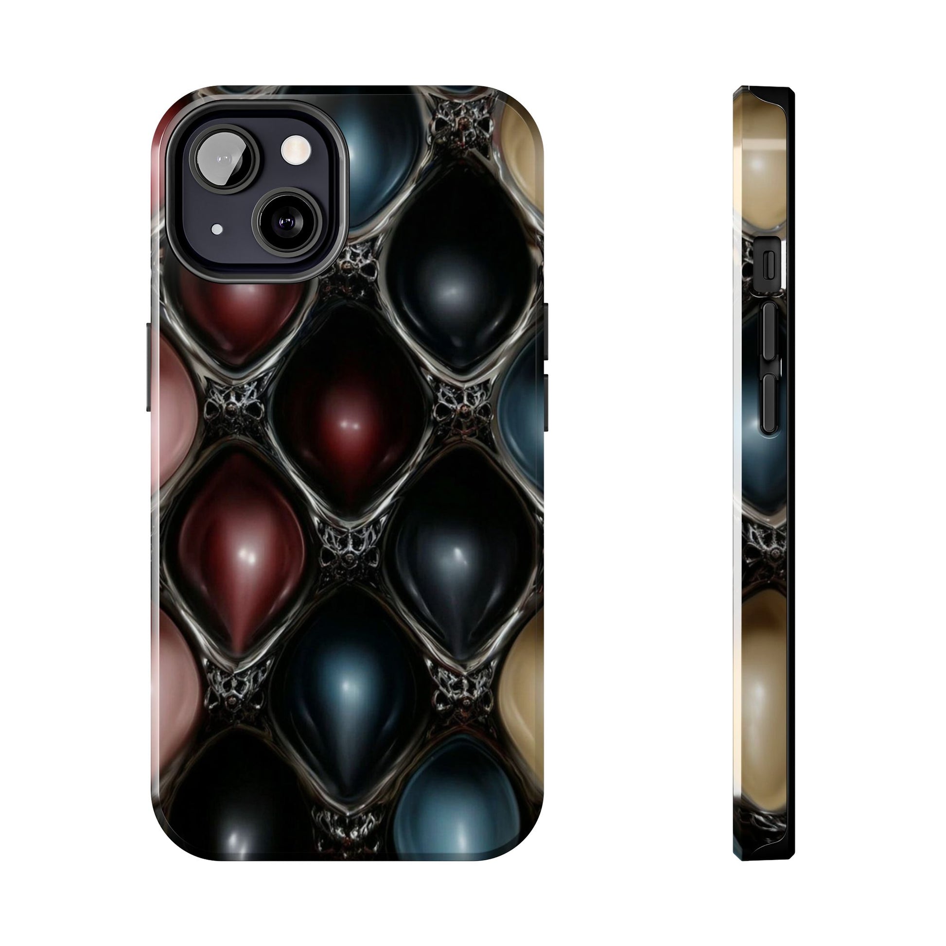 This phone case features a glowing red metallic orb set against a background of dark futuristic structures.