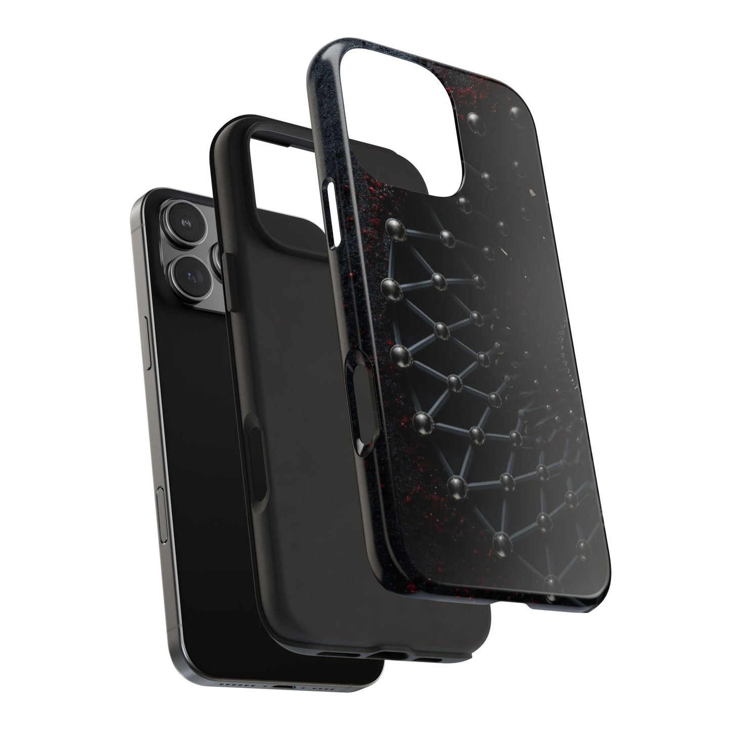 Obsidian Nexus Tough Phone Case – Black Geometric Web with Red Accents - Artistic Vision