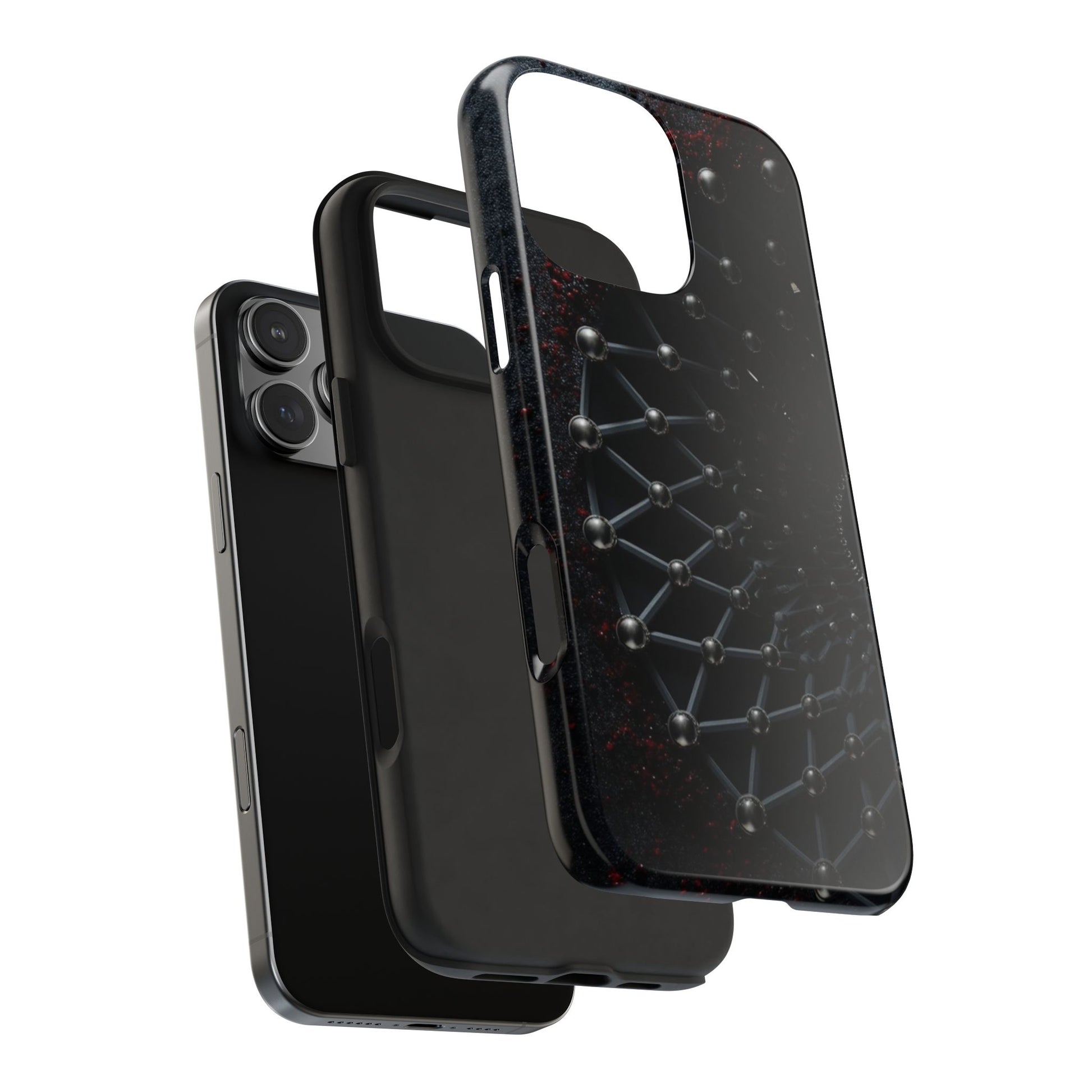 Obsidian Nexus Tough Phone Case – Black Geometric Web with Red Accents - Artistic Vision
