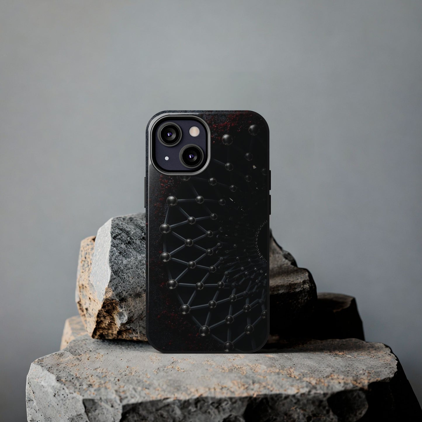 Obsidian Nexus Tough Phone Case – Black Geometric Web with Red Accents - Artistic Vision
