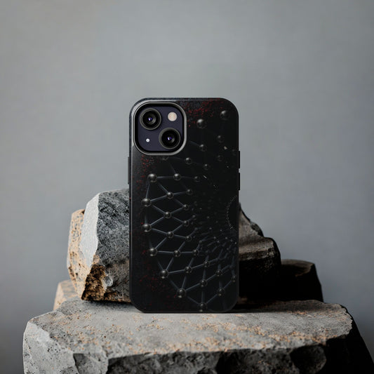 Obsidian Nexus Tough Phone Case – Black Geometric Web with Red Accents - Artistic Vision
