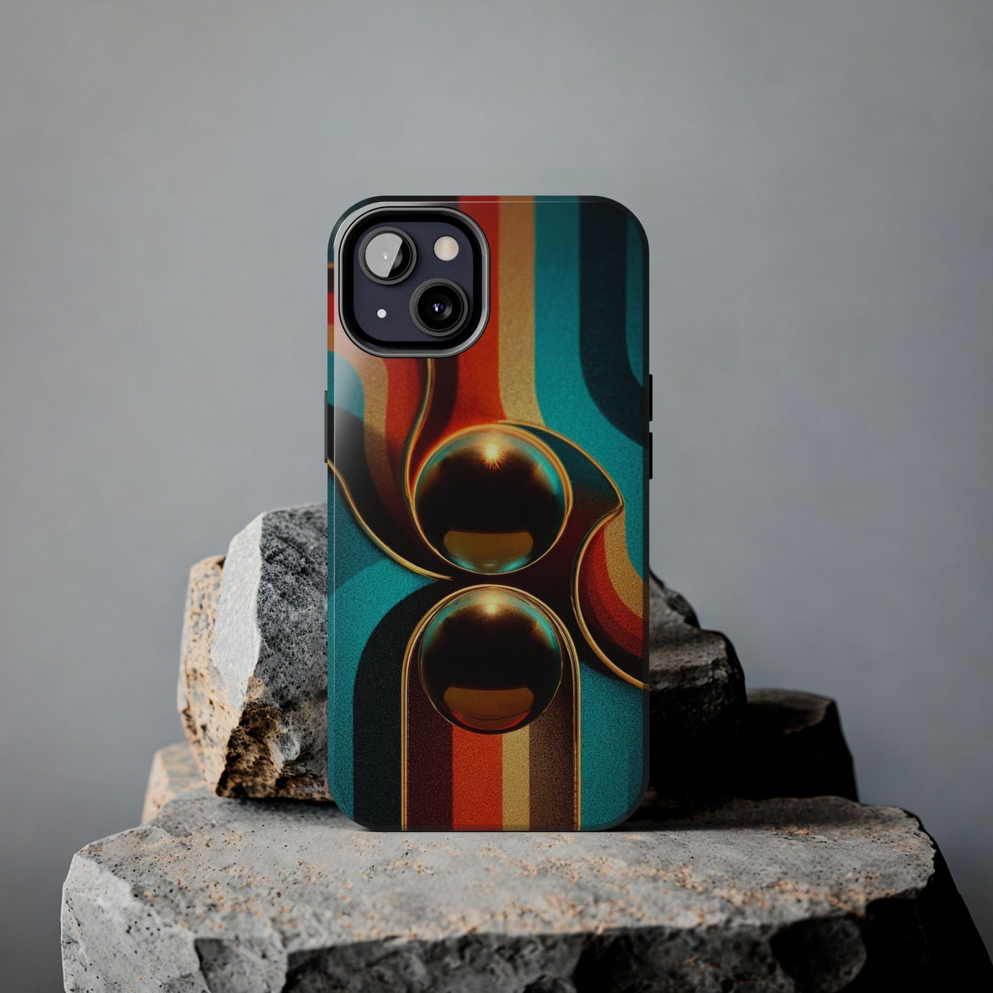 The vibrant stripes curve and swirl around the golden orbs for a dynamic retro-futuristic effect.