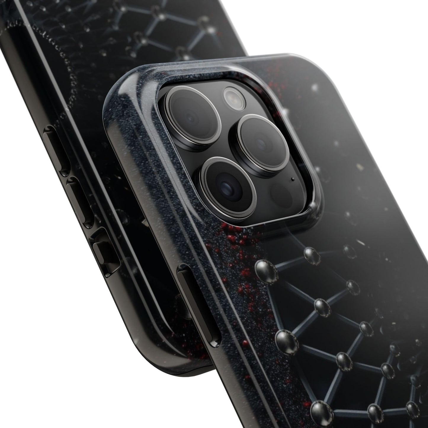 Obsidian Nexus Tough Phone Case – Black Geometric Web with Red Accents - Artistic Vision