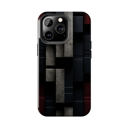 Concrete Matrix Tough Phone Case – Red & Black Brutalist Geometry - Artistic Vision