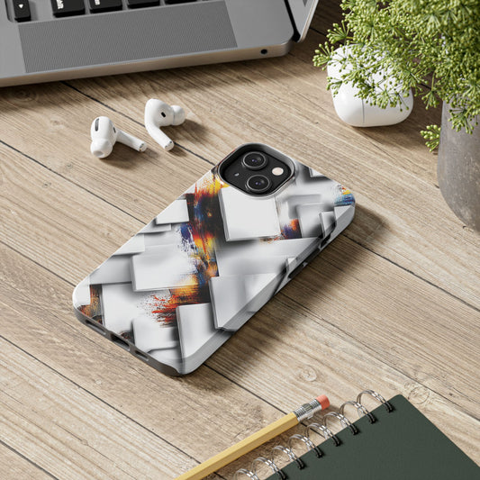 3D geometric phone case design with vibrant contrast