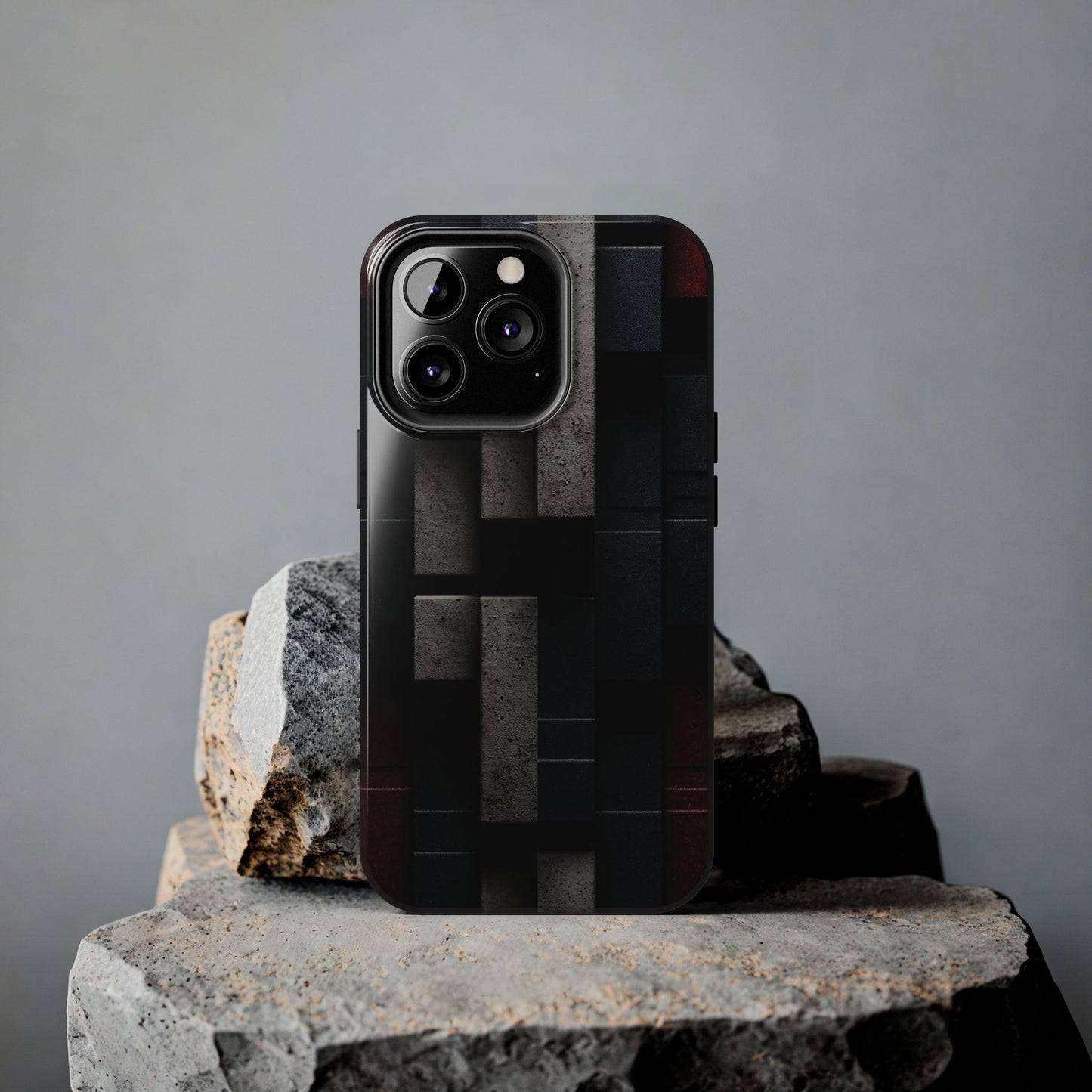Concrete Matrix Tough Phone Case – Red & Black Brutalist Geometry - Artistic Vision