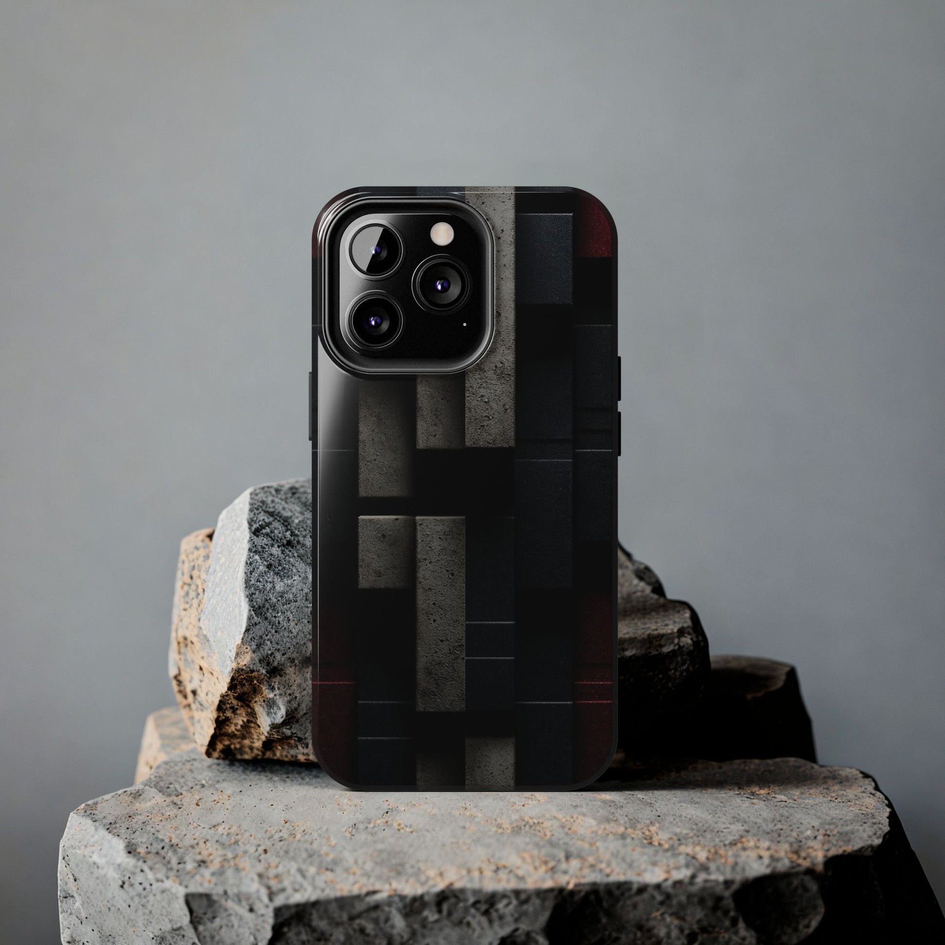 Concrete Matrix Tough Phone Case – Red & Black Brutalist Geometry - Artistic Vision