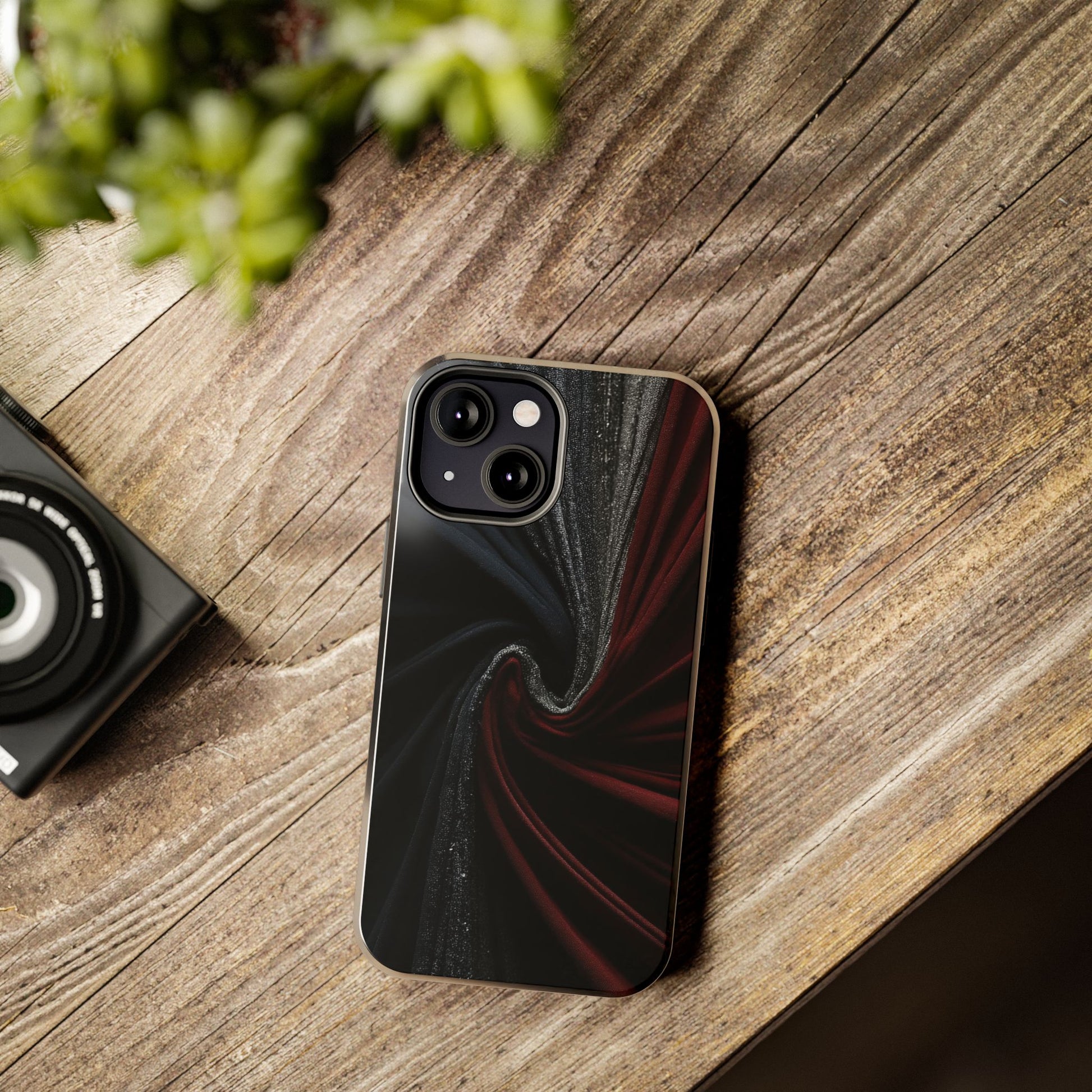 Velvet Rift Tough Phone Case – Red and Black Satin Fabric Twist Design - Artistic Vision