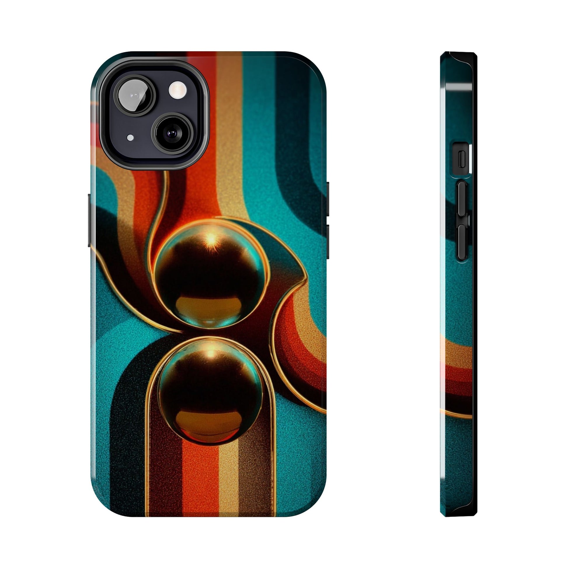 This phone case features a bold retro design with golden spheres and striped curves in teal, rust, and ochre.
