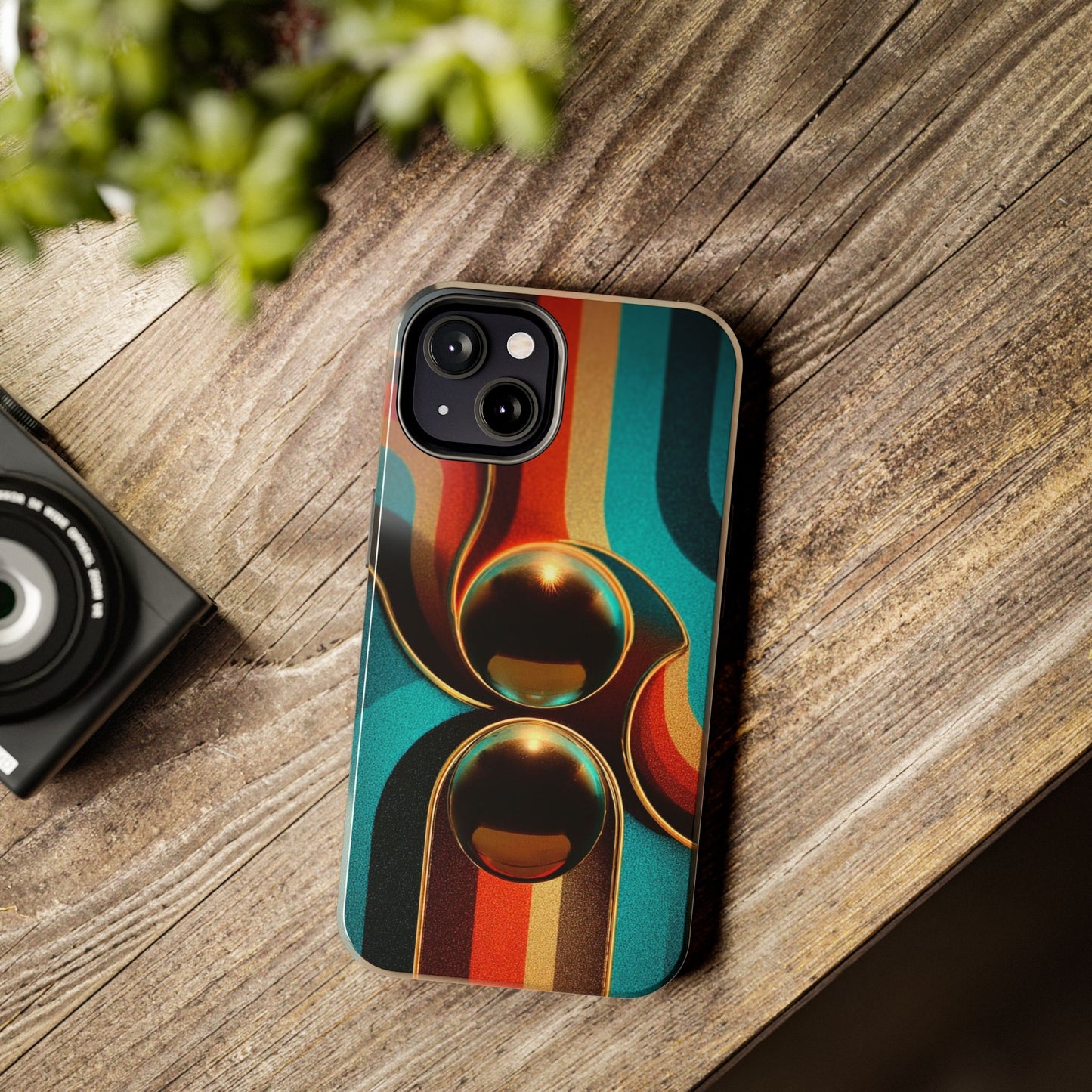 A lifestyle photo displays the phone case's nostalgic aesthetic in a modern context.