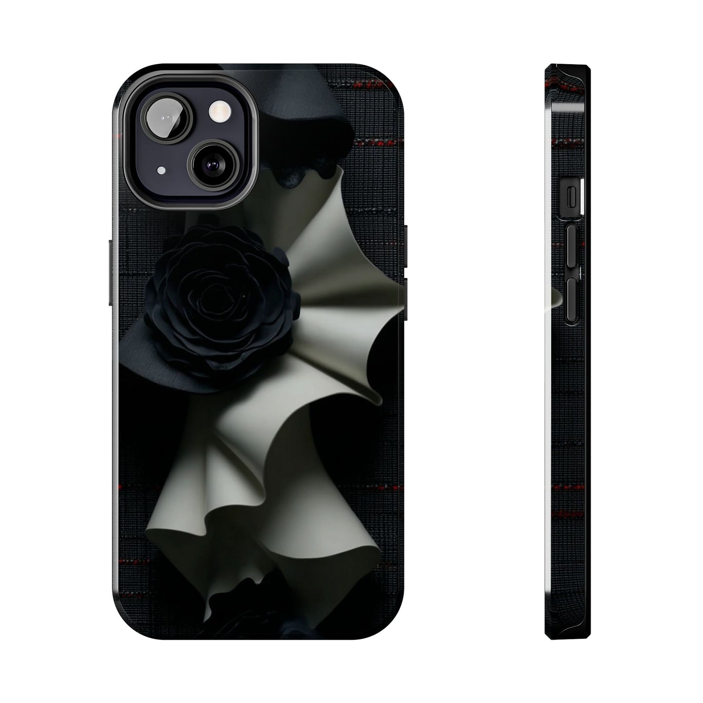 This phone case features a sculptural design with folded cream ribbons and black roses on a textured dark background.