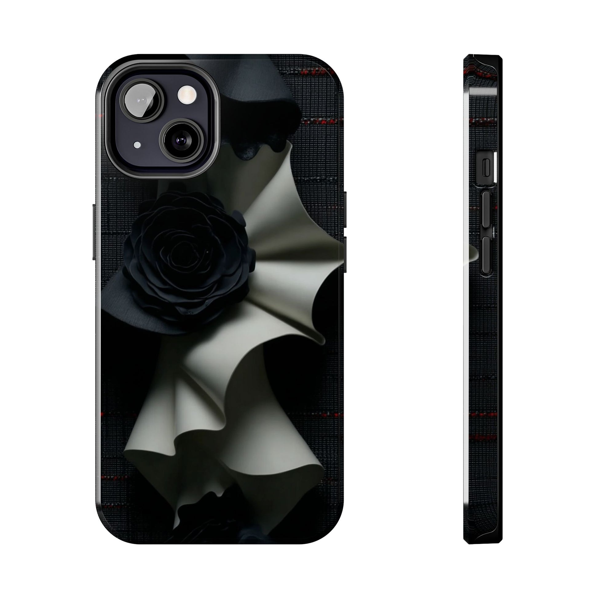 This phone case features a sculptural design with folded cream ribbons and black roses on a textured dark background.