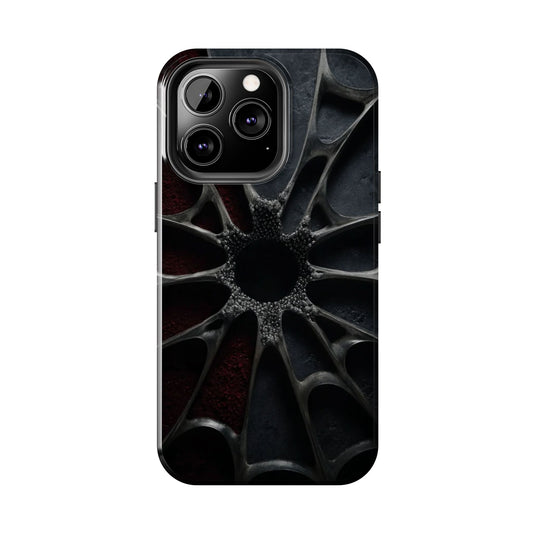 Iron Bloom Tough Phone Case – Black Metallic Flowerburst on Red Texture - Artistic Vision