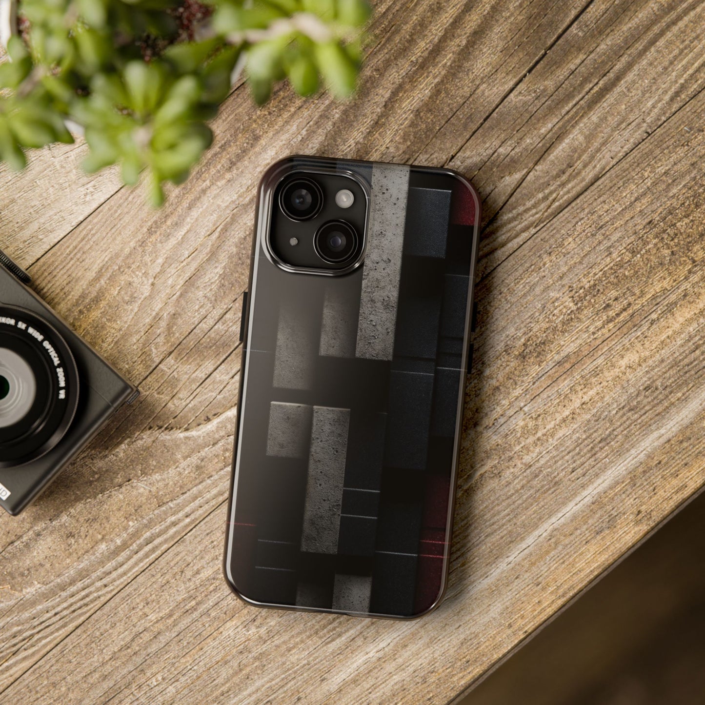 Concrete Matrix Tough Phone Case – Red & Black Brutalist Geometry - Artistic Vision