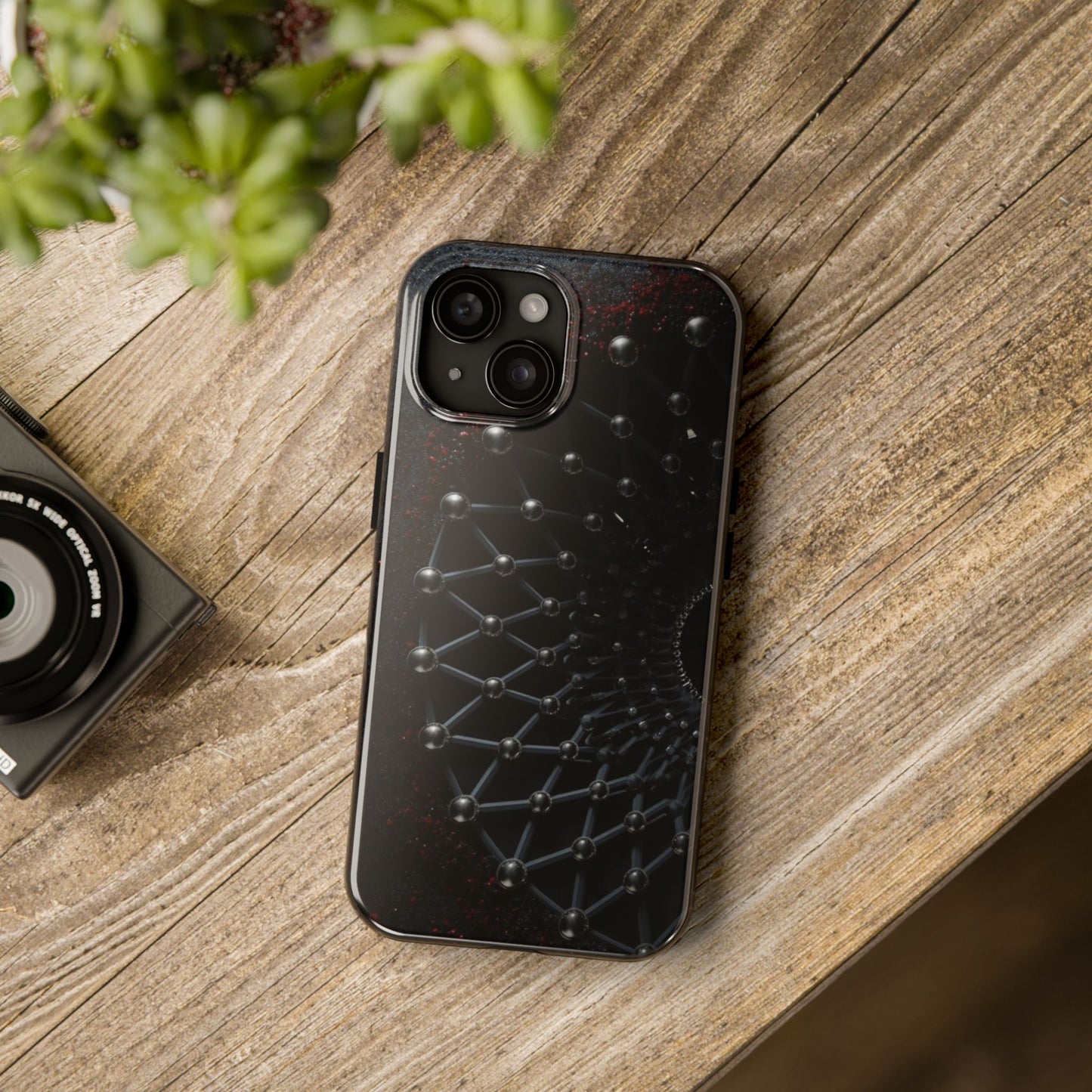Obsidian Nexus Tough Phone Case – Black Geometric Web with Red Accents - Artistic Vision