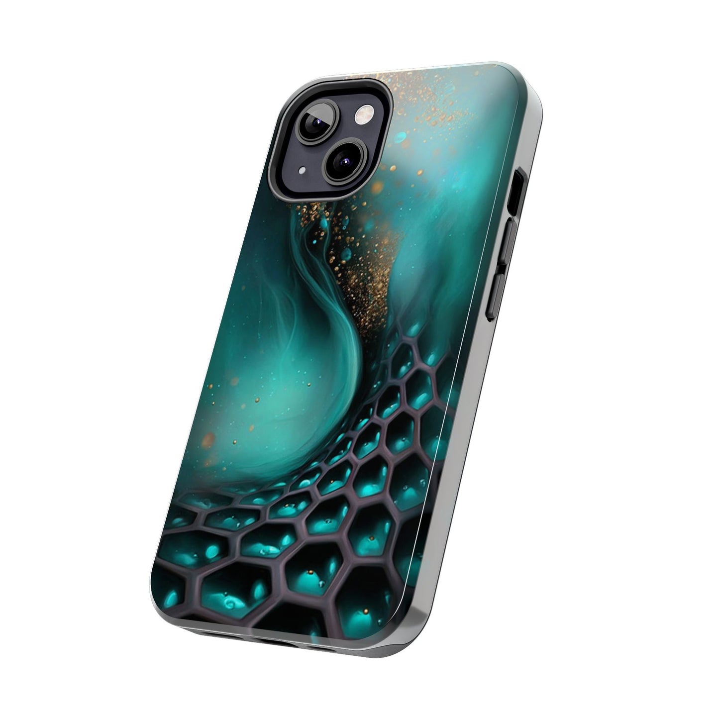 Glossy turquoise phone case with hex grid