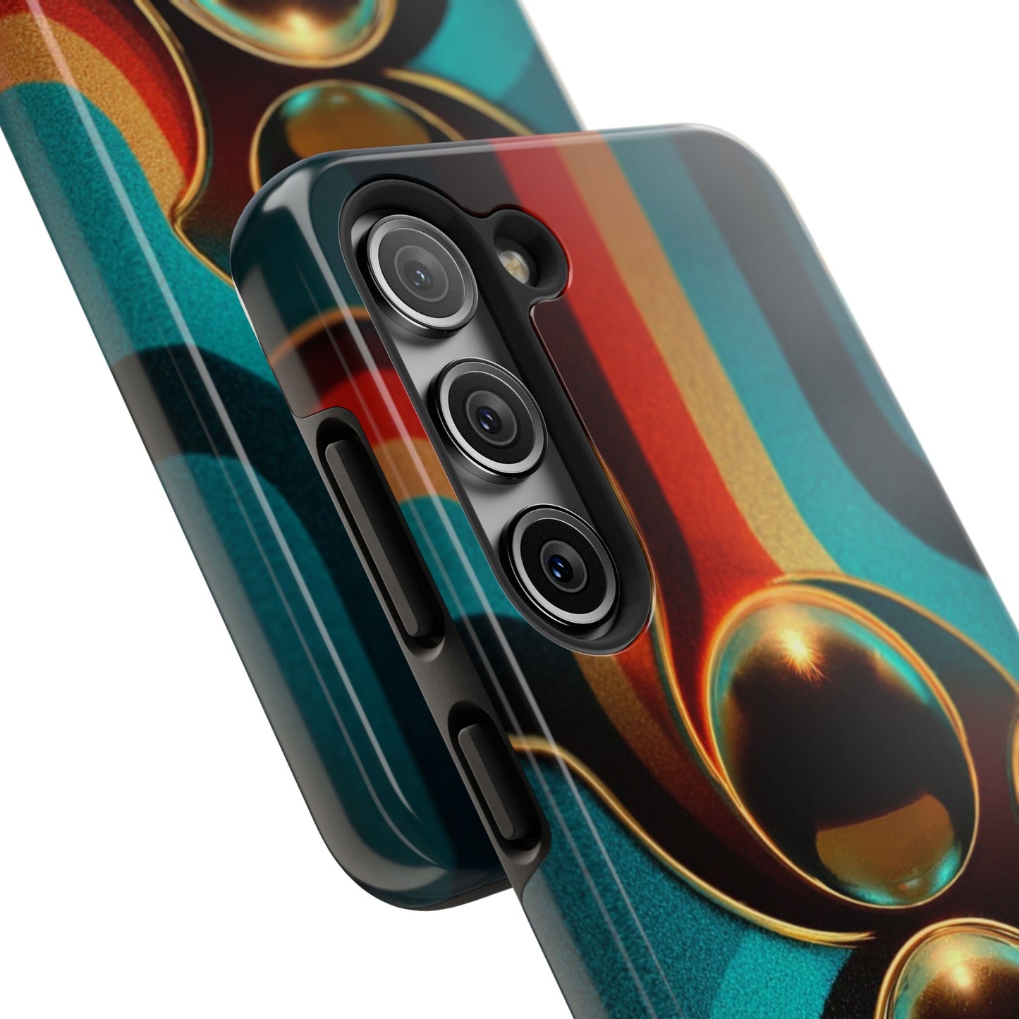 A close-up of the glossy surface highlights the glowing gold elements and rich vintage colors.