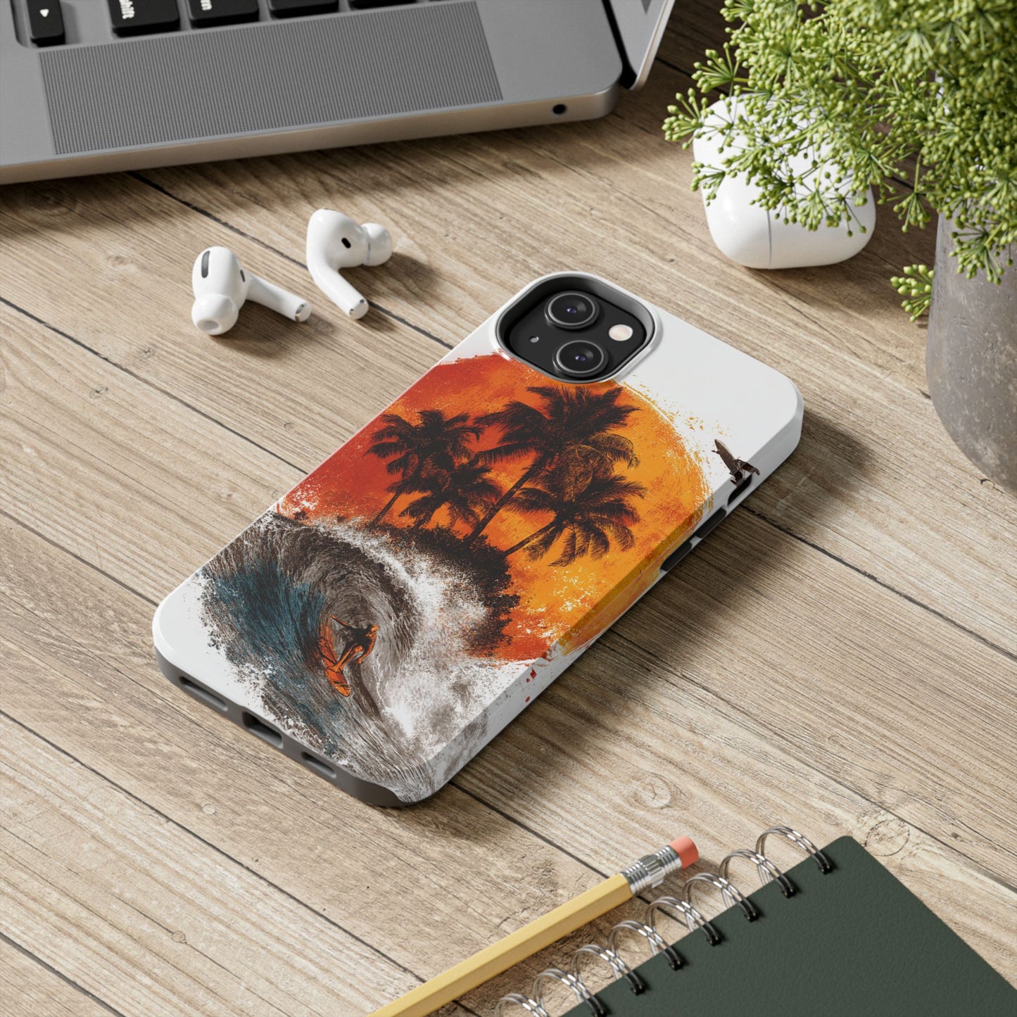 Surfer & Sunset Wave in Grunge Ink Illustration Style - Artistic Phone Case - Artistic Vision