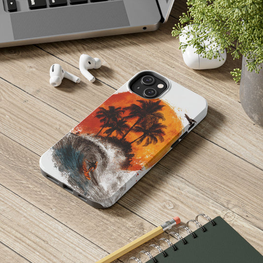 Surfer & Sunset Wave in Grunge Ink Illustration Style - Artistic Phone Case - Artistic Vision