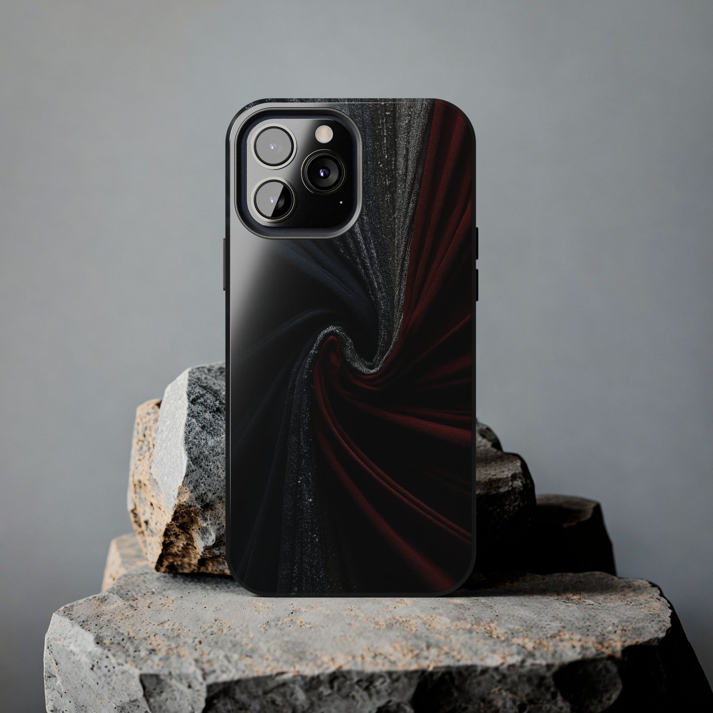 Velvet Rift Tough Phone Case – Red and Black Satin Fabric Twist Design - Artistic Vision
