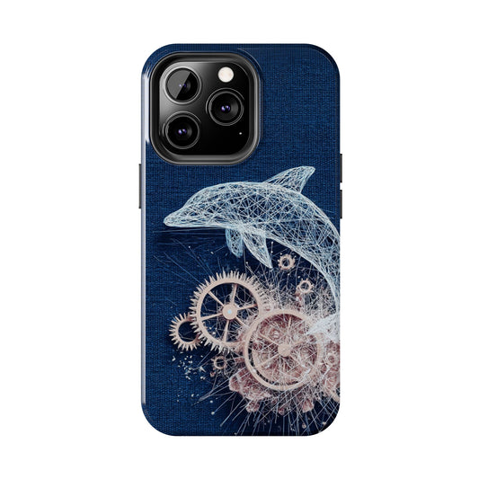 Dolphin and Gears Wireframe Phone Case – Nautical Steampunk Fusion Design - Artistic Vision
