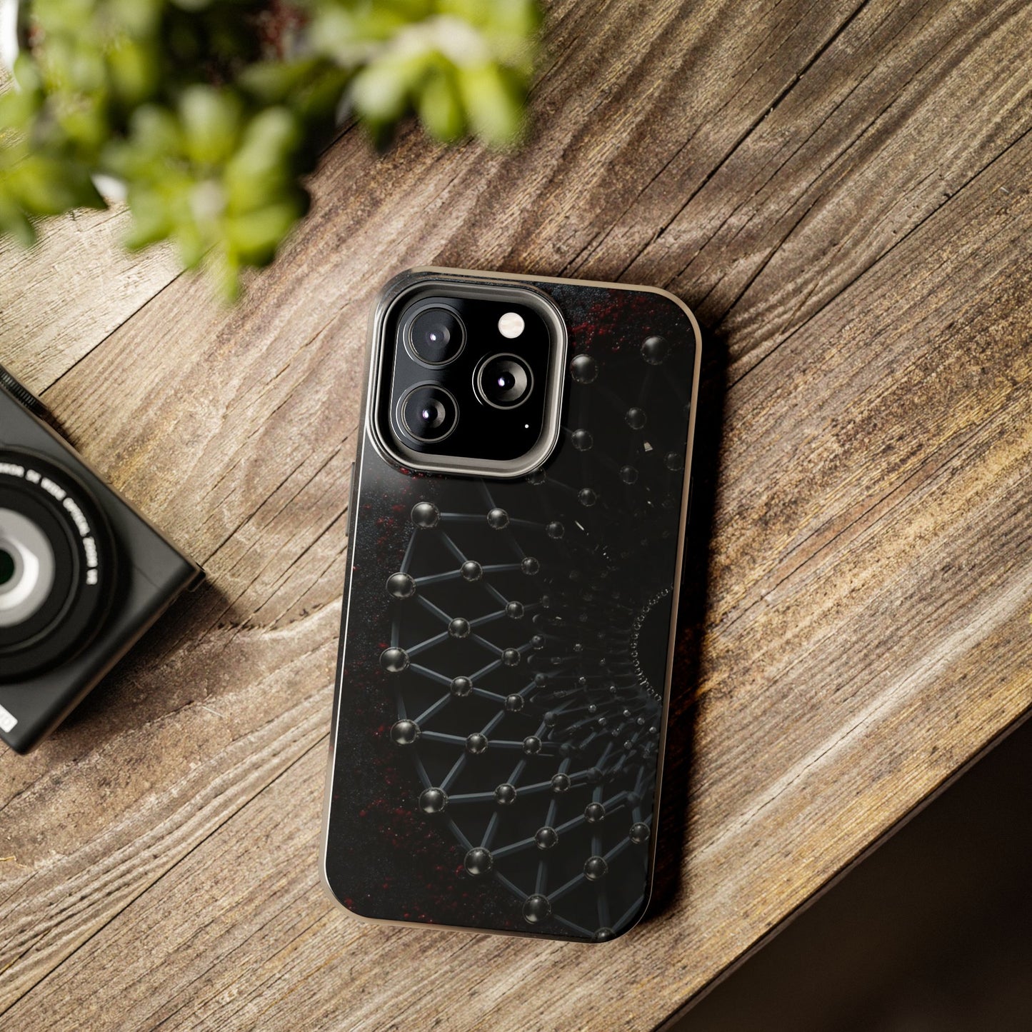 Obsidian Nexus Tough Phone Case – Black Geometric Web with Red Accents - Artistic Vision