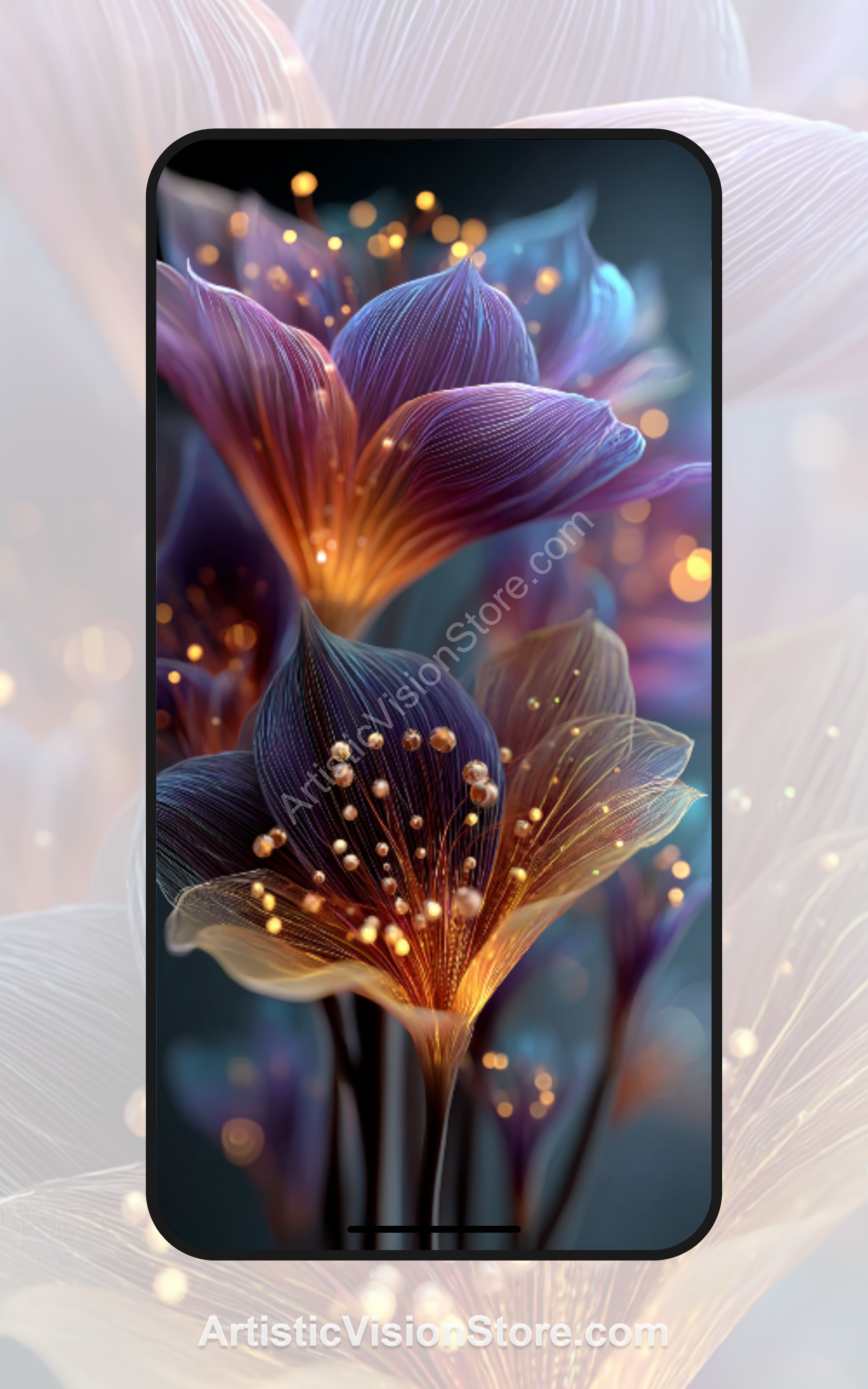 Biolumina Bloom – glowing purple fantasy flowers, free phone wallpaper with bioluminescent botanical style