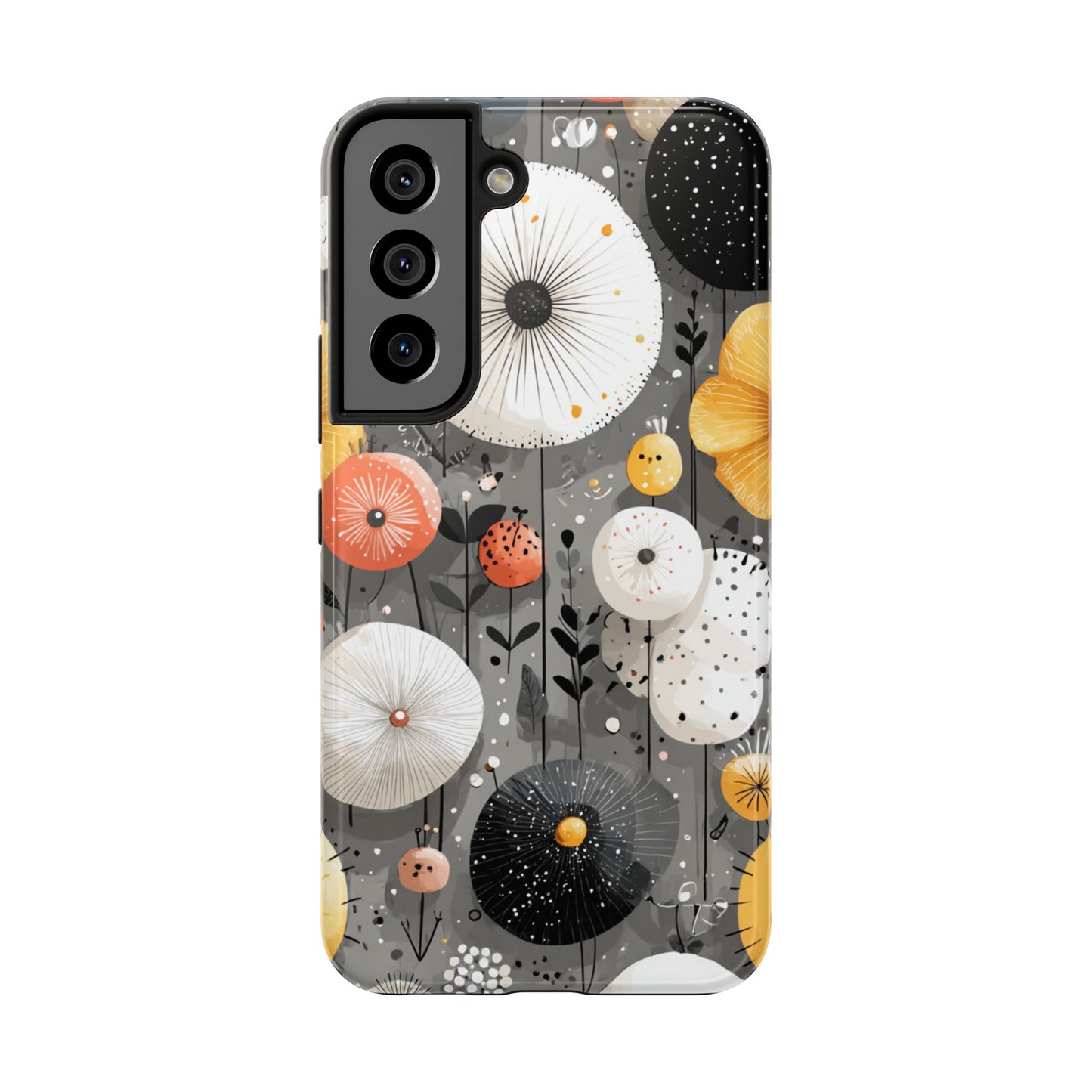 Black and white flower phone case with bold yellow accents