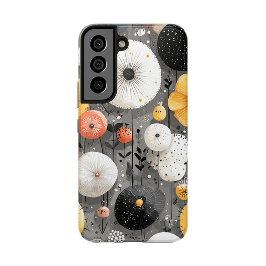 Black and white flower phone case with bold yellow accents