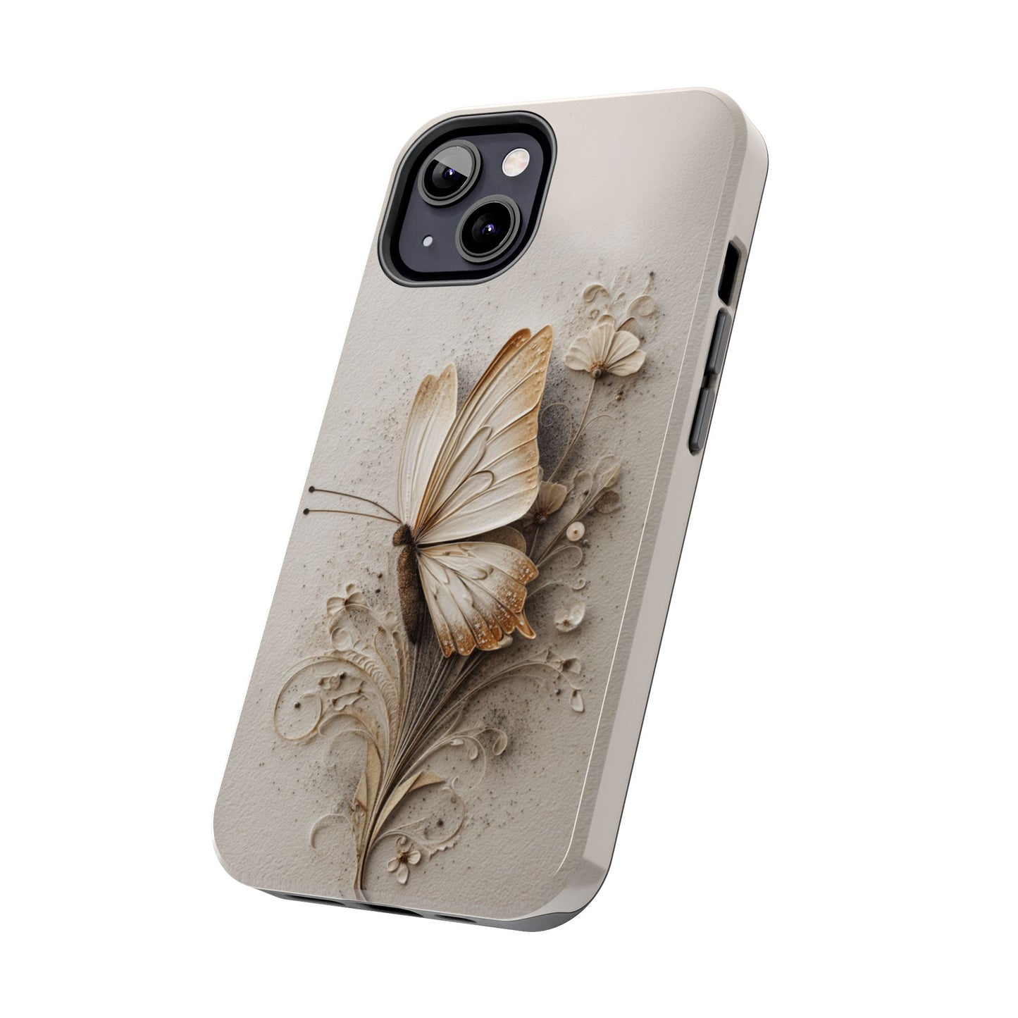 Carved floral butterfly phone case in light neutrals
