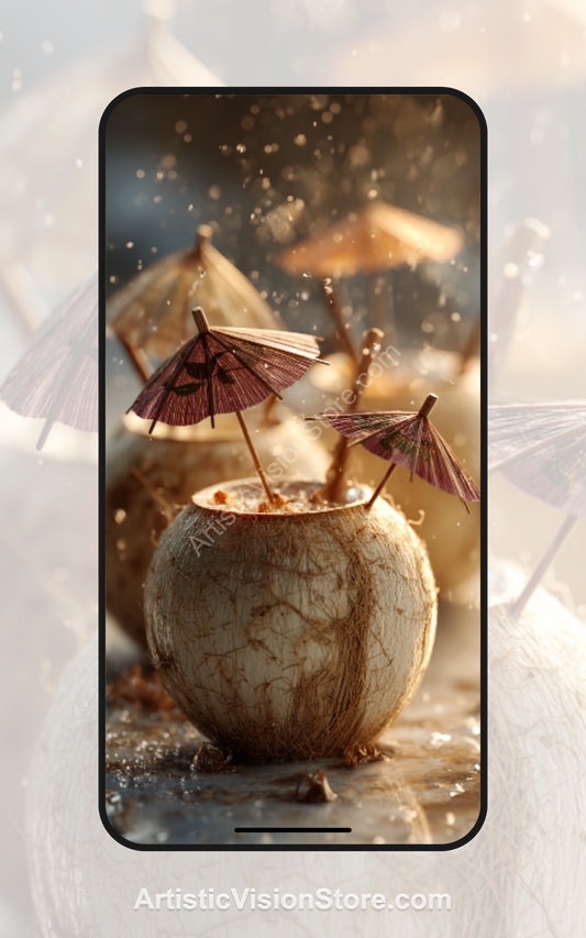 Coconut Escape – tropical coconut drink with umbrellas, free phone wallpaper with summer vacation aesthetic