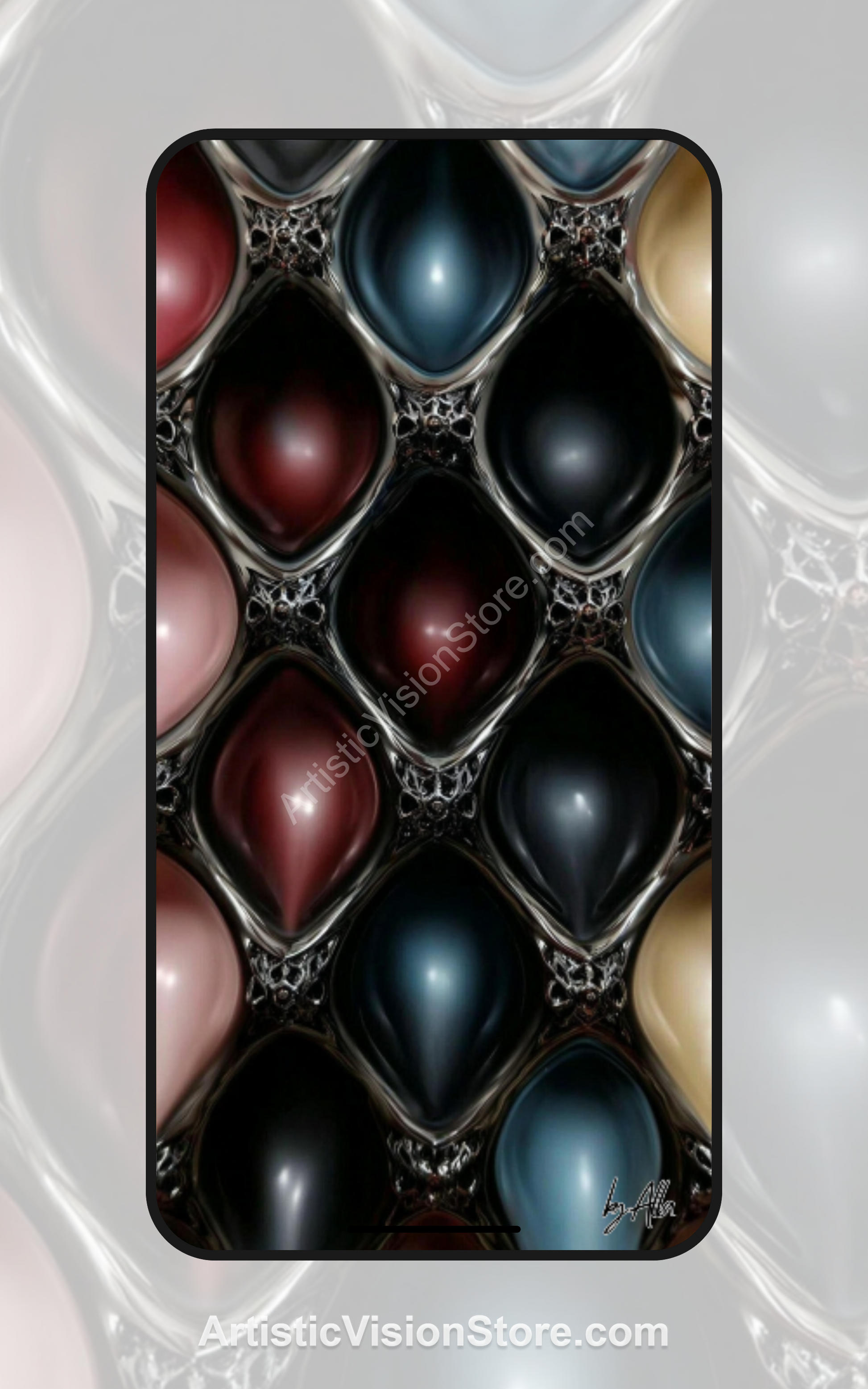 This digital wallpaper features a glowing red metallic orb surrounded by dark, futuristic architectural shadows, creating a dramatic sci-fi atmosphere perfect for mobile backgrounds.