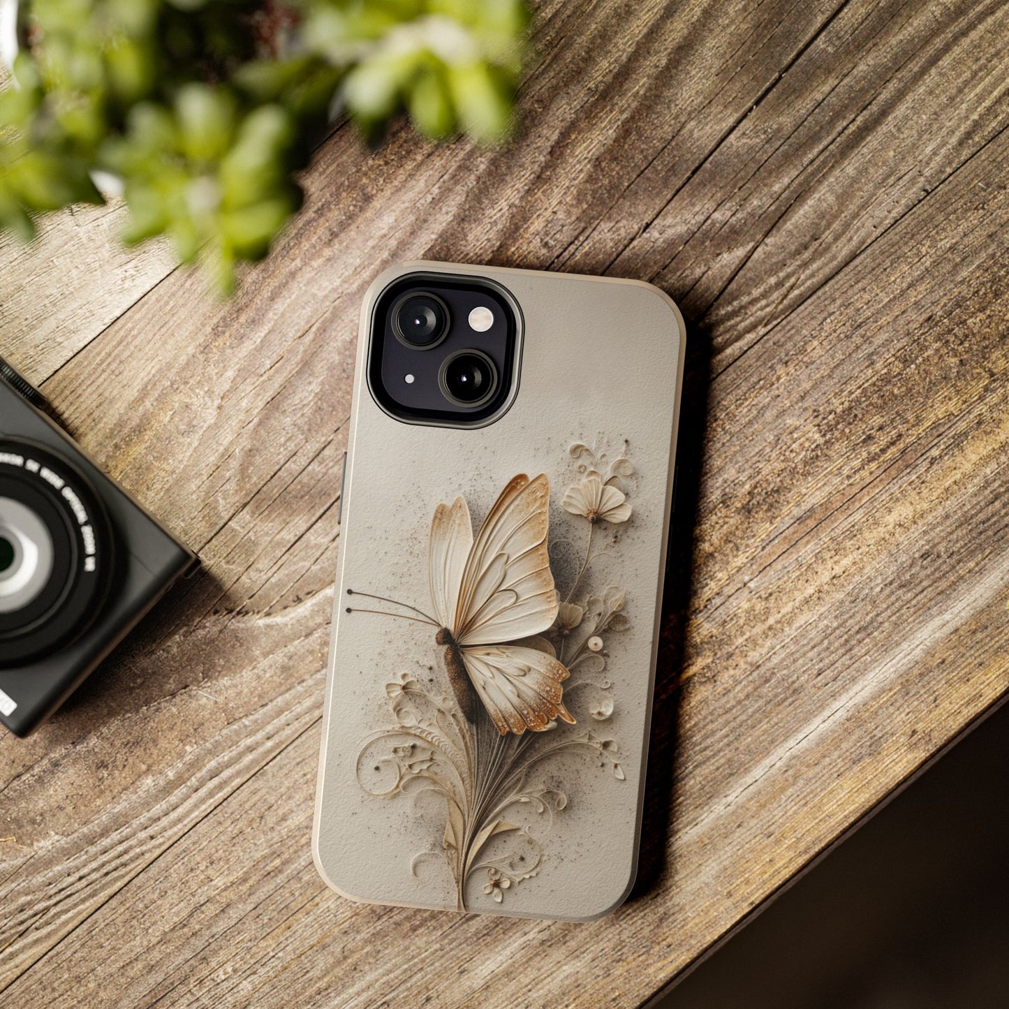 Cream-toned nature phone case with butterfly and vines