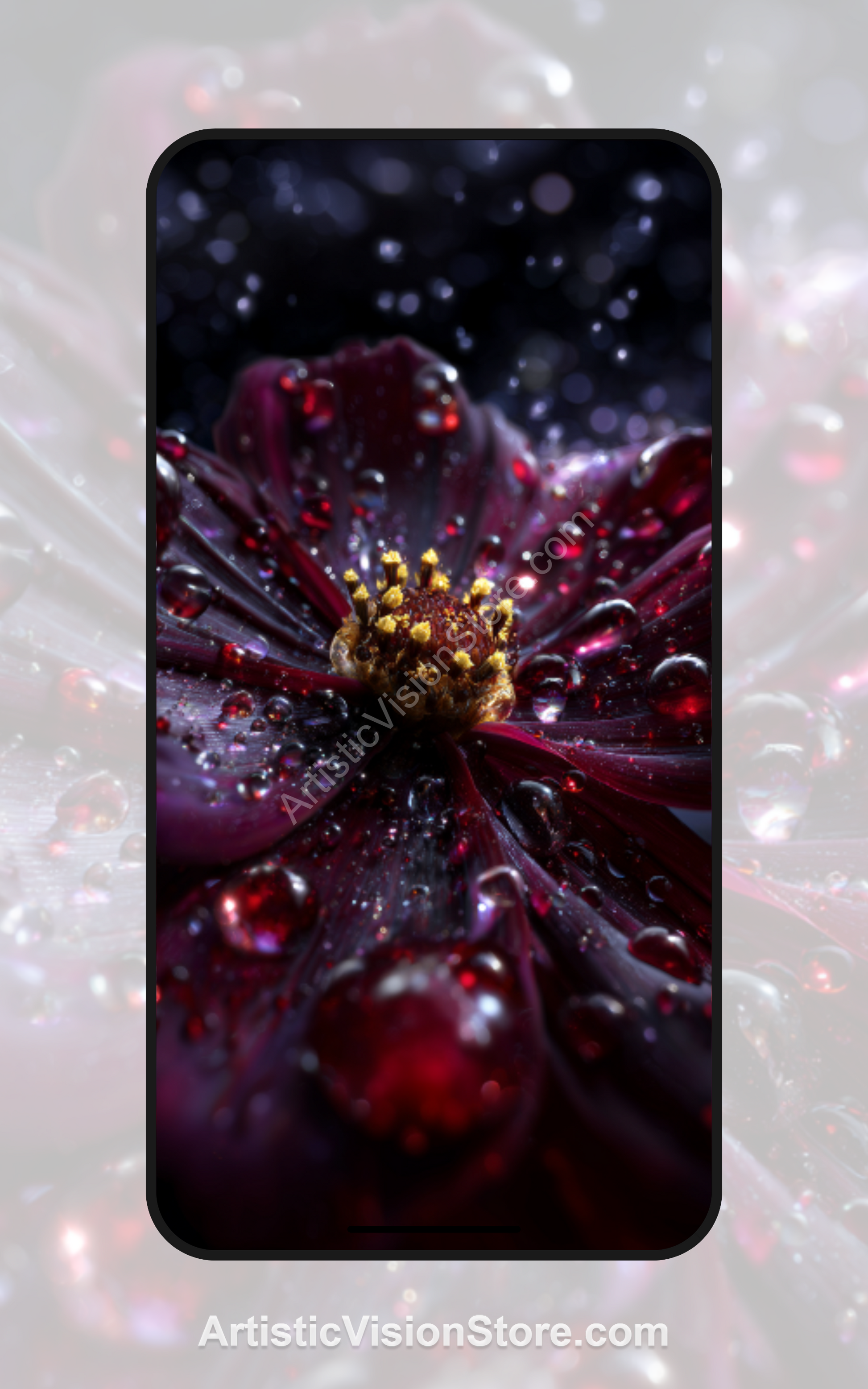 Crimson Bloom Cosmos free phone wallpaper showing macro close-up of dark red flower with glowing droplets.