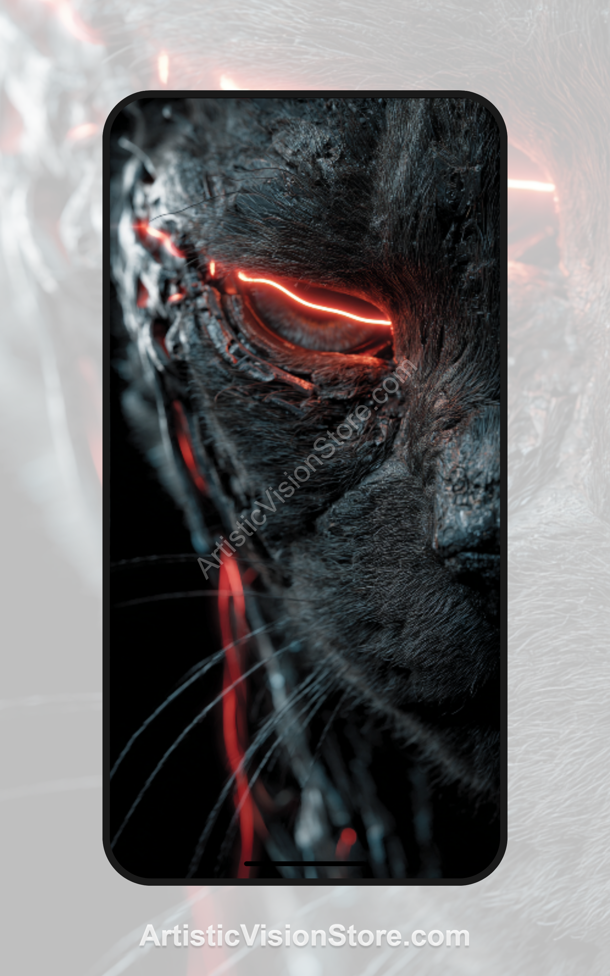 Cyber Panther – glowing neon cyber cat with red eyes, free phone wallpaper with futuristic aesthetic