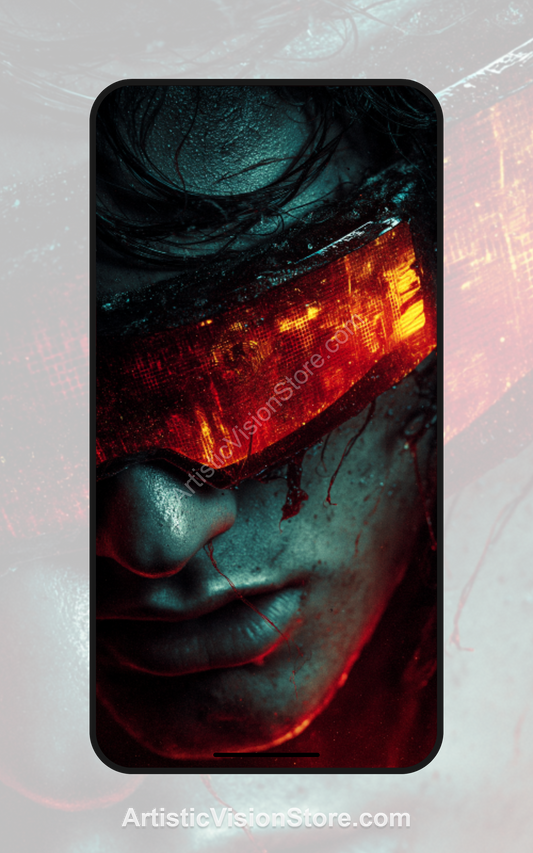 Cyber Visor Gaze free phone wallpaper with futuristic red visor and moody sci-fi lighting on human face.